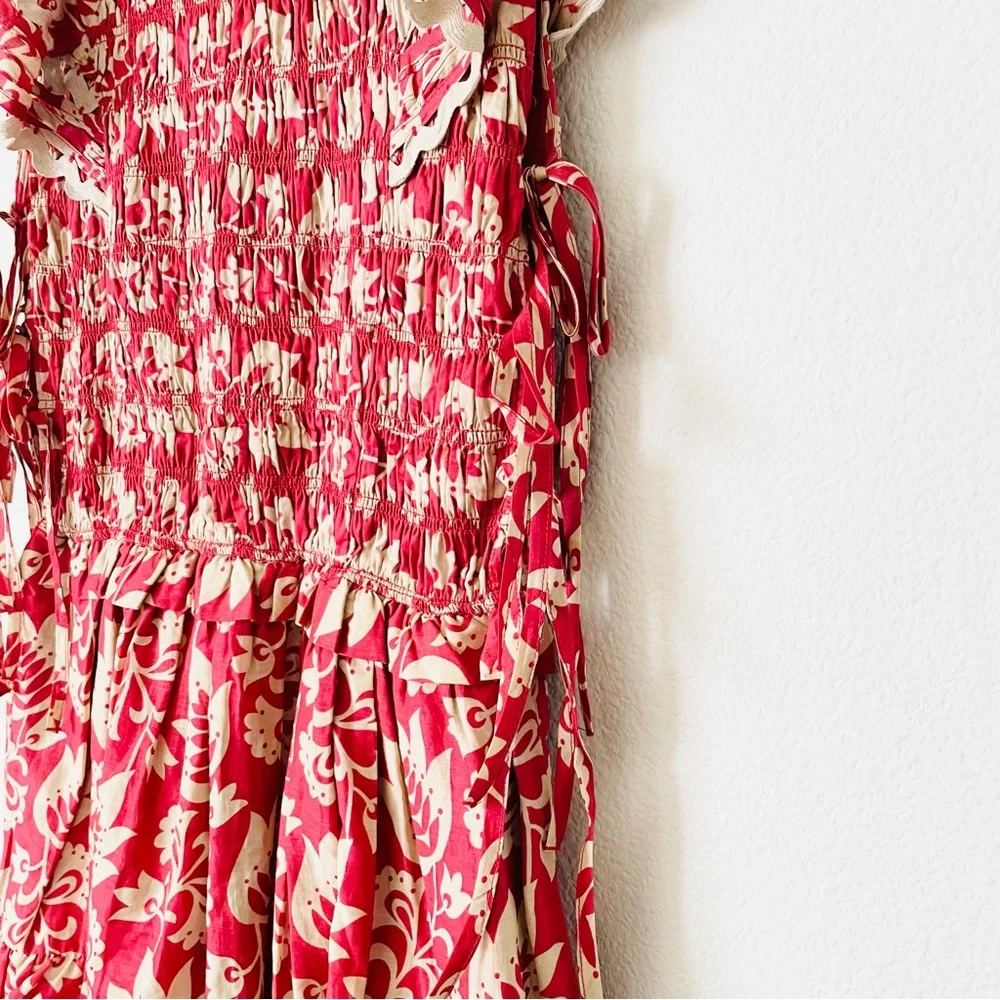 Sea New York MEDIUM Linda red floral print smocked flutter sleeve mini dress - Picture 3 of 6